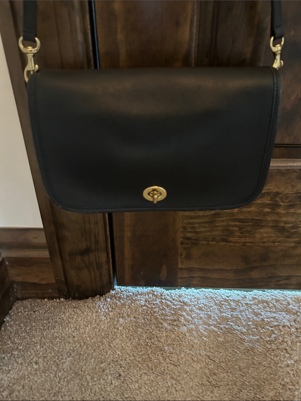 Coach Black Leather Crossbody with Gold-Tone Turnlock